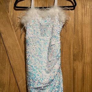 Girls' Iridescent White Sequin Formal Dress with Feather Trim